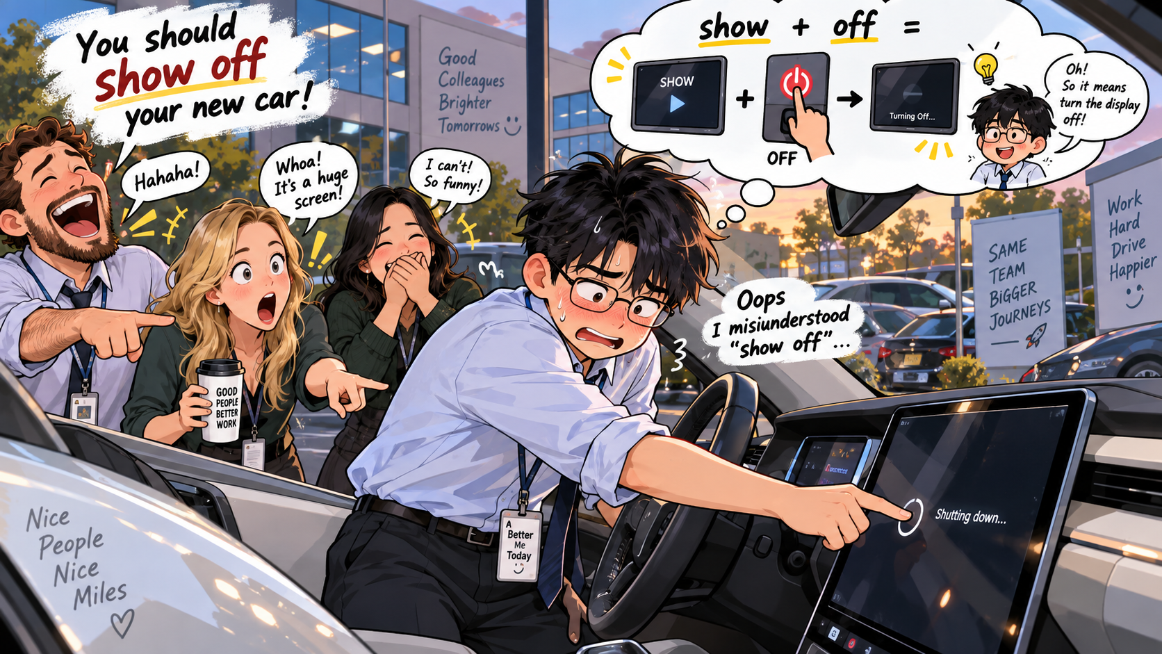 美剧学英语：show off - 加拿大公司停车场同事说“show off”，我还以为他让我别展示了……