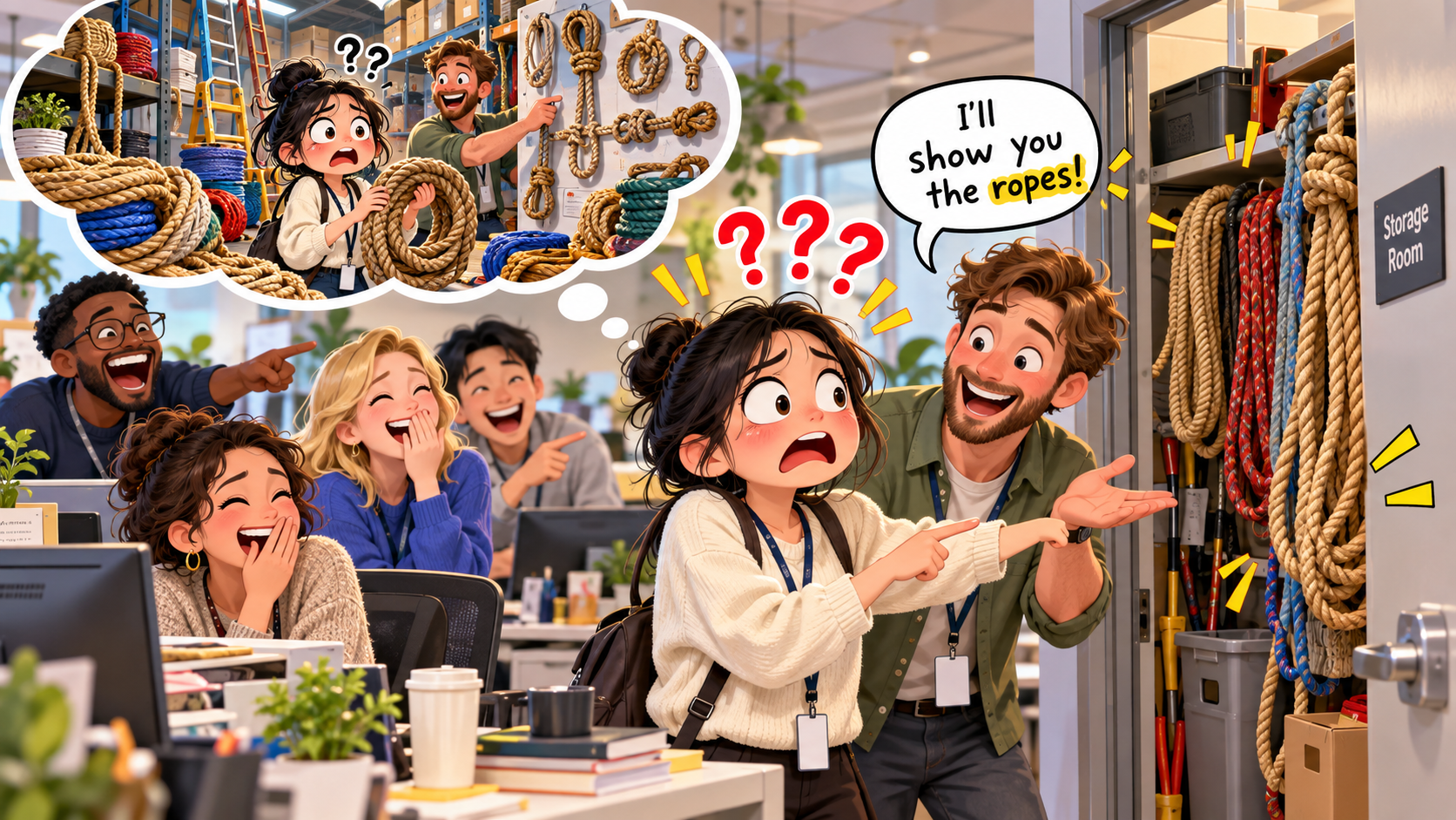 美剧学英语：show someone the ropes - 加拿大公司入职，同事说“show me the ropes”，我真去仓库找绳子了
