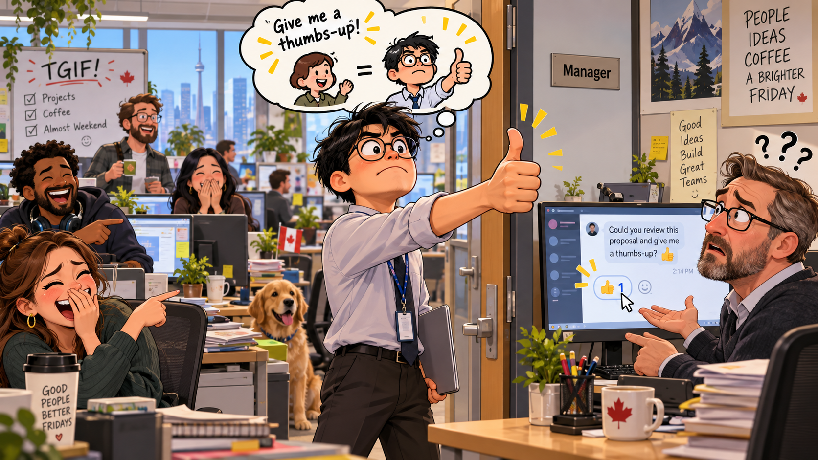 美剧说英语：show thumbs up - 加拿大办公室同事让我“thumbs up”，我竖了十分钟大拇指，结果经理脸都黑了……