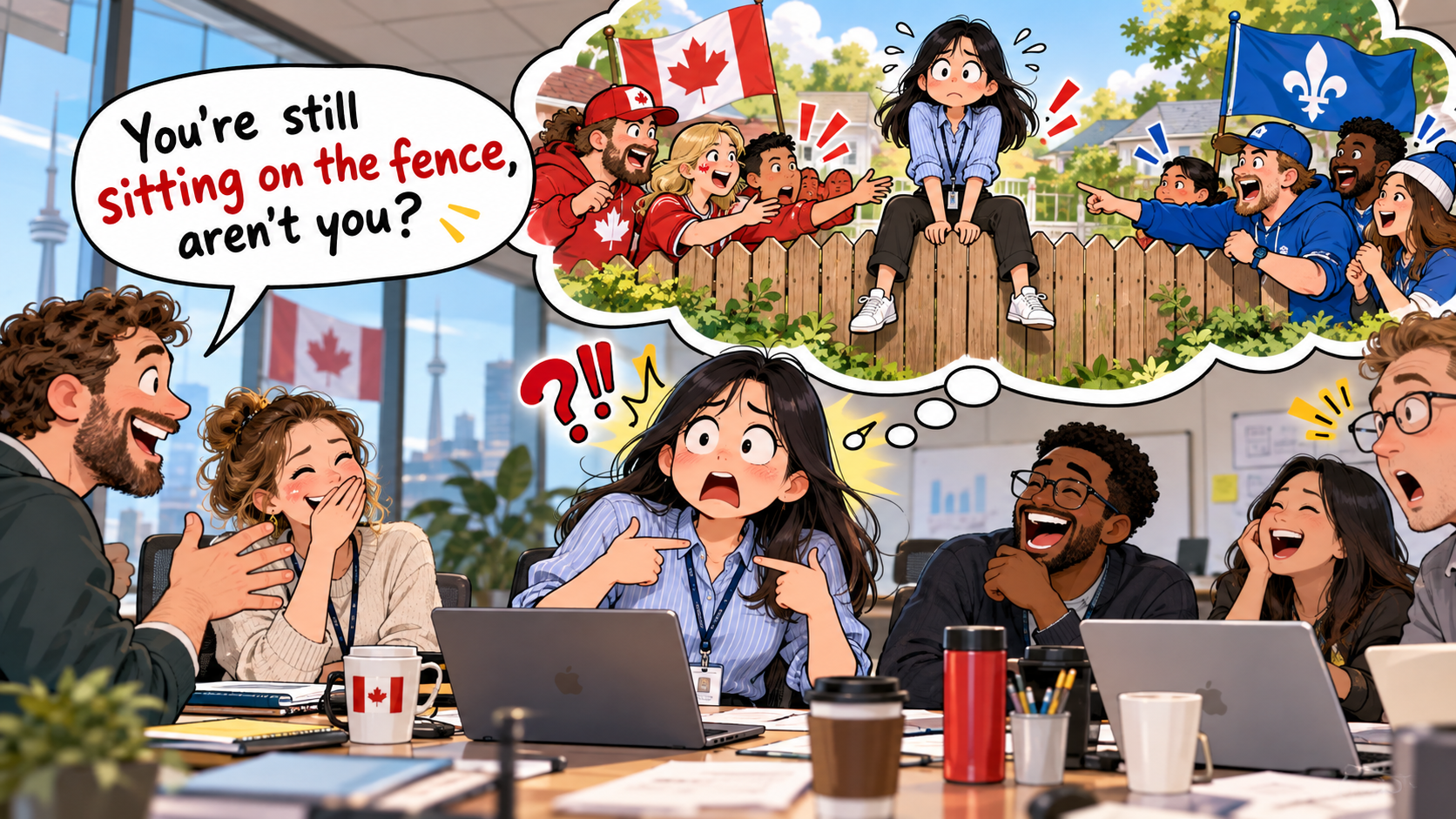 美剧学英语：sit on the fence - 加拿大办公室开会，同事让我“sit on the fence”，我差点去找院子里的篱笆