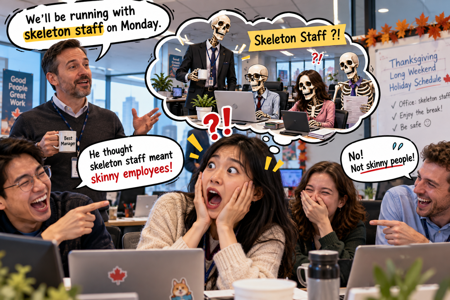 美剧学英语:skeleton staff - 加拿大办公室说只留“skeleton staff”,我脑子里瞬间全是骷髅员工……