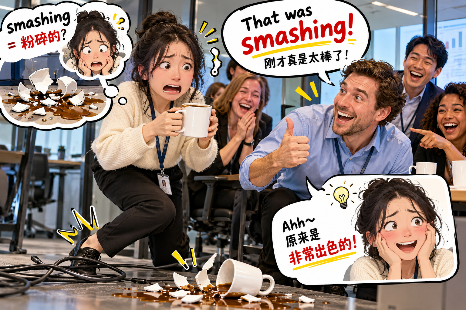 美剧说英语:smashing - 加拿大办公室同事夸我“smashing”,我赶紧检查咖啡杯是不是碎了……
