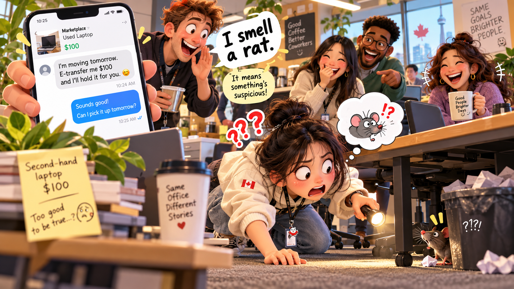 美剧学英语：smell a rat - 加拿大Marketplace买二手电脑，同事说“I smell a rat”，我居然开始找老鼠……