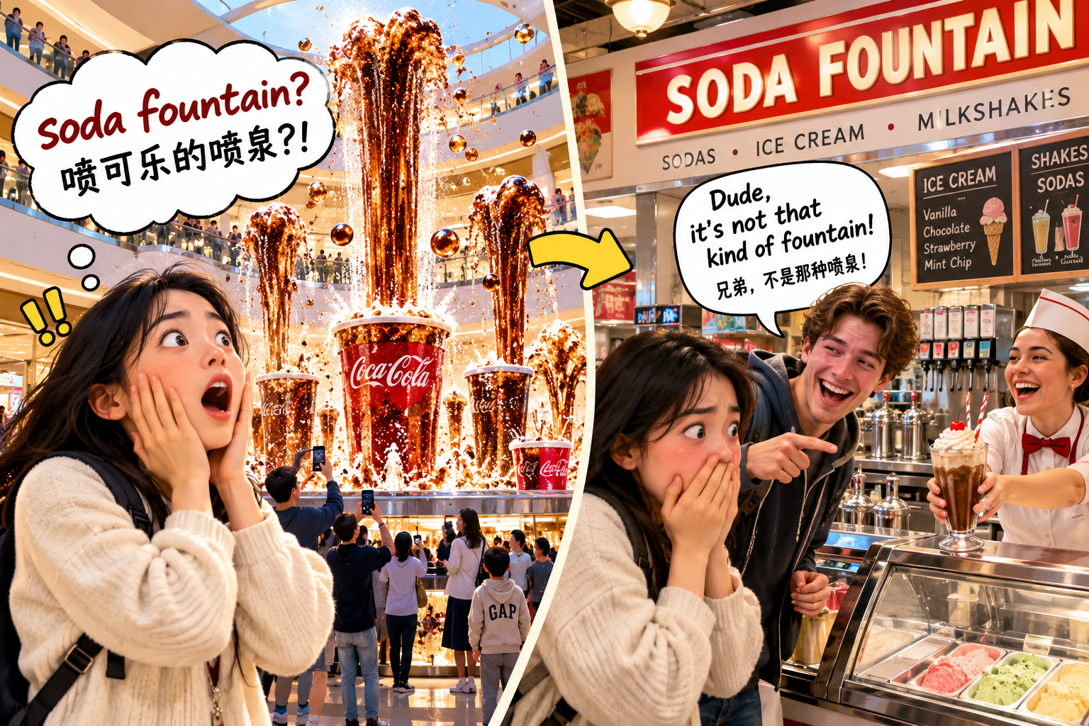 美剧说英语:soda fountain - 加拿大同学约我去“soda fountain”,我以为商场里有喷可乐的喷泉……