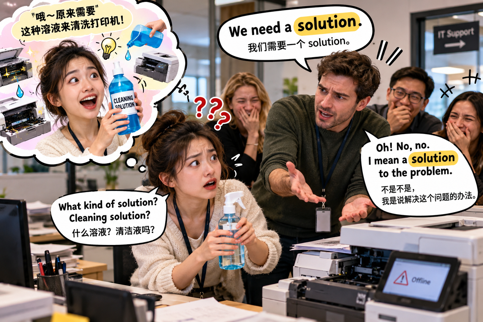 美剧说英语：solution - 加拿大办公室里，同事说“we need a solution”，我真的跑去找了一瓶液体……