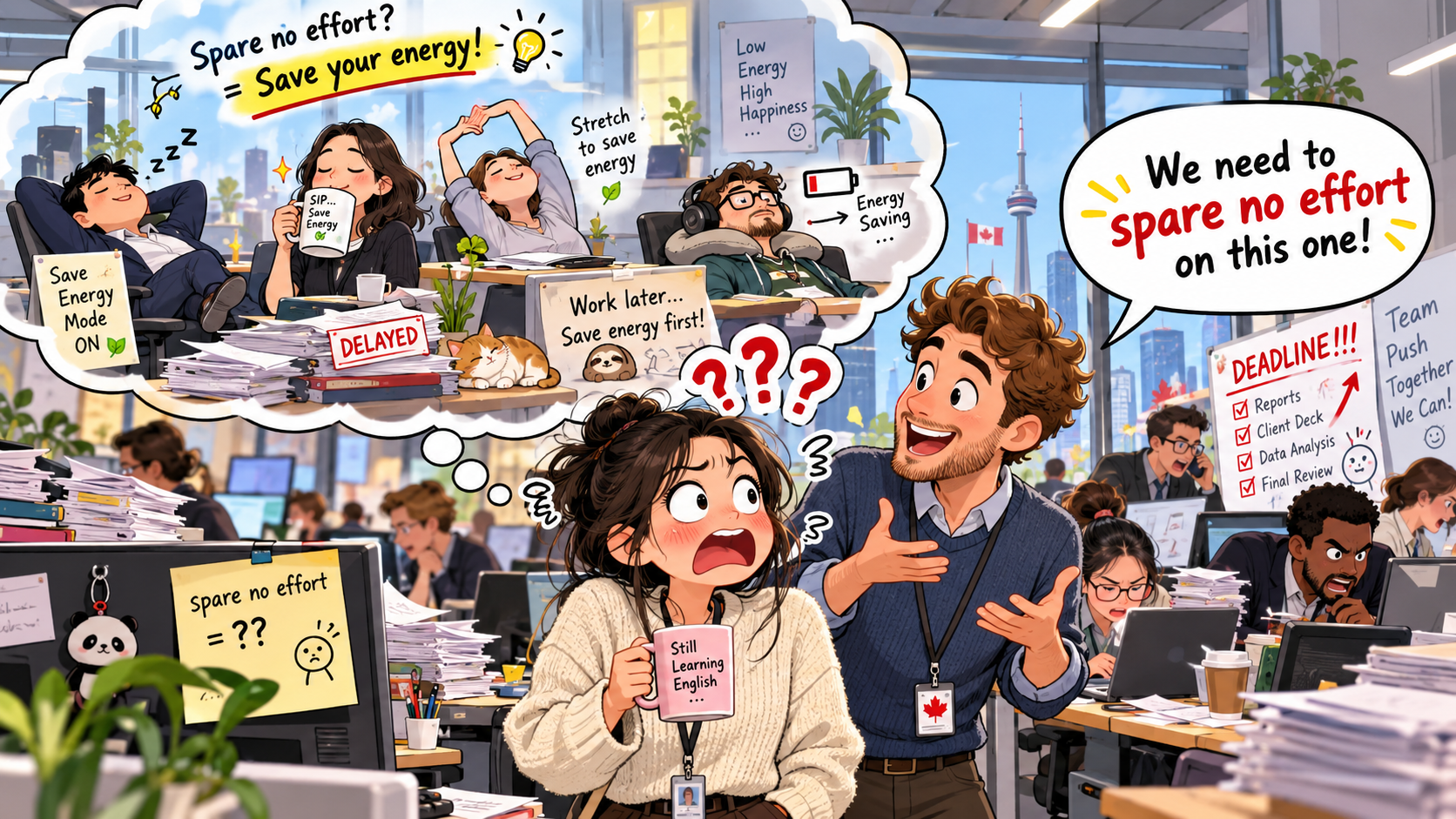 美剧学英语：spare no effort - 加拿大办公室同事说“spare no effort”，我还以为他让我省着点力气……