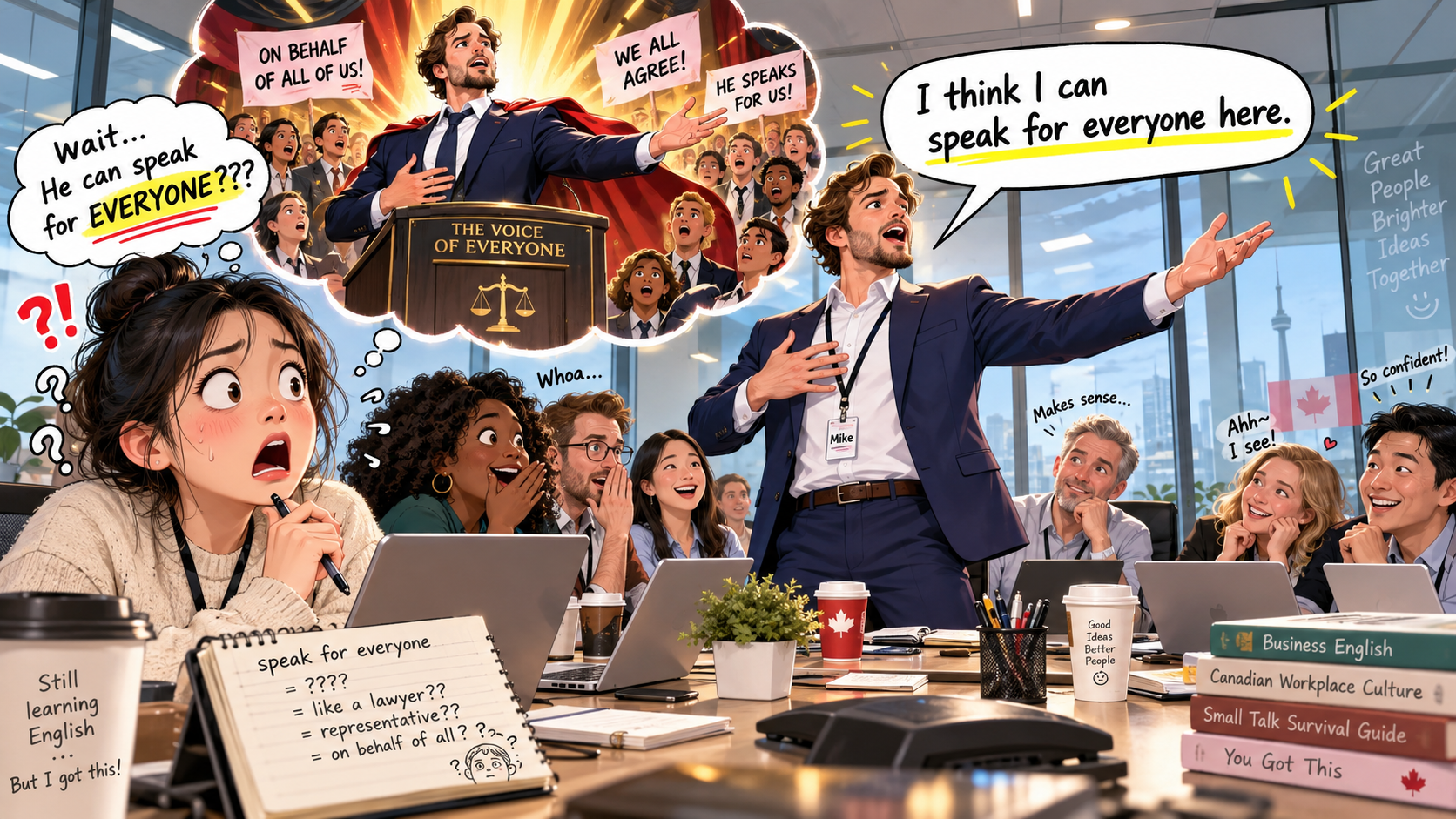 美剧学英语：speak for - 加拿大办公室开会，同事说“speak for everyone”，我以为他要替所有人辩护……