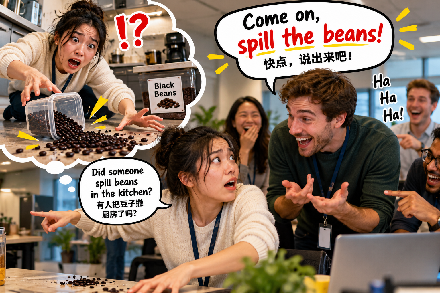 美剧说英语：spill one's beans - 加拿大办公室同事让我“spill the beans”，我差点冲去厨房捡豆子……