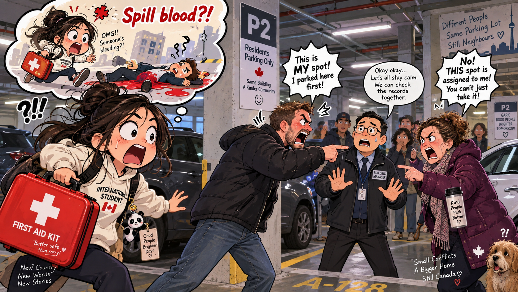 美剧学英语：spill the blood - 加拿大公寓停车场：邻居说“spill the blood”，我拎着急救箱冲下楼了