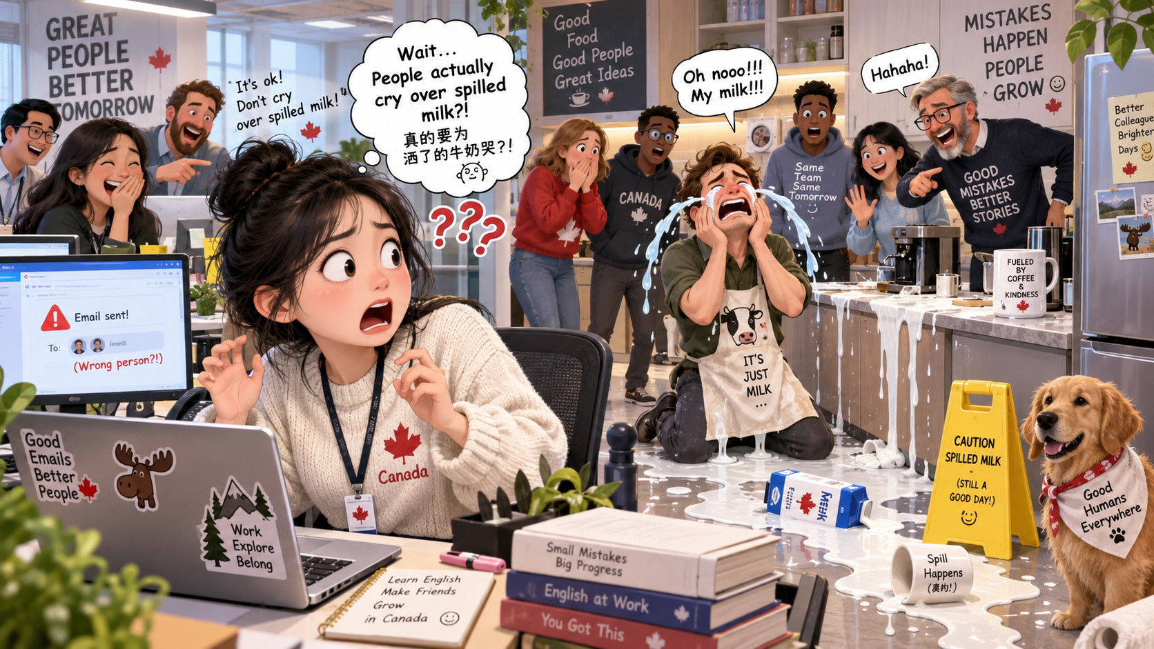 美剧学英语:spill the milk - 加拿大办公室里,同事说别为洒掉的牛奶哭,我真跑去茶水间看了一眼