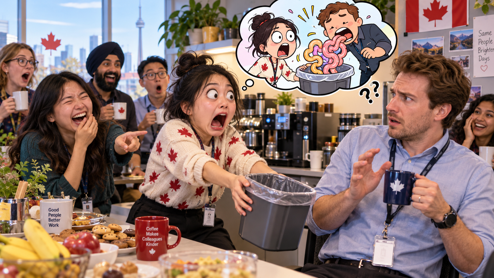 美剧学英语：spill your guts out - 加拿大办公室茶水间，同事让我“spill your guts out”，我默默把垃圾桶推了过去……