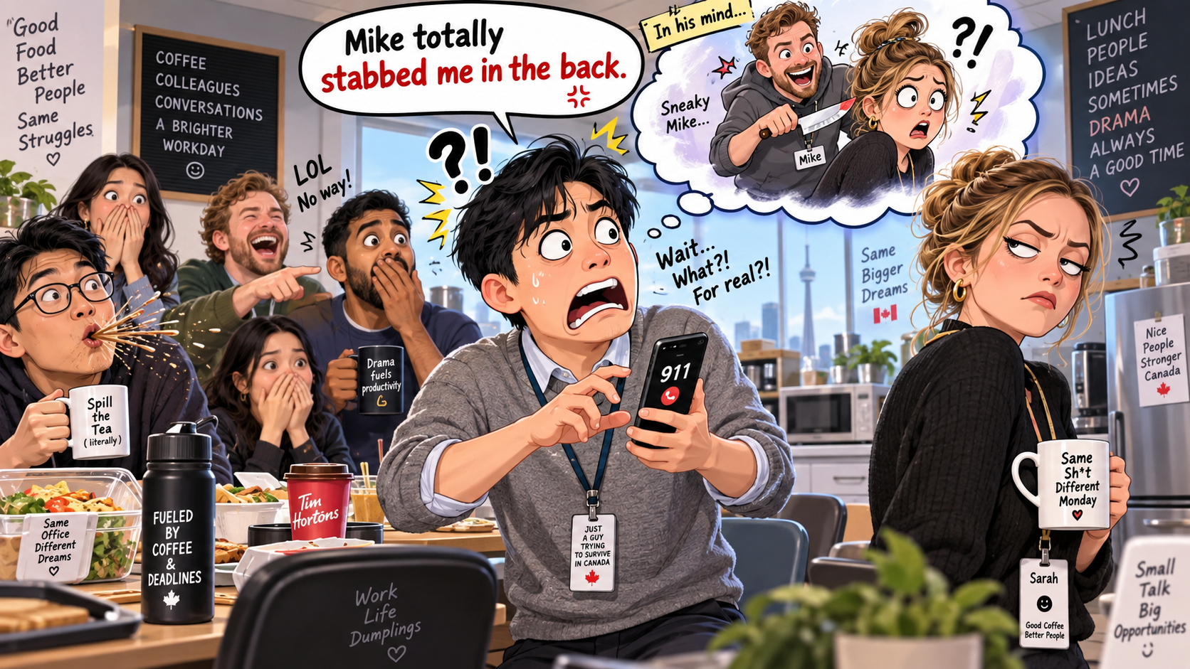 美剧学英语：stab someone in the back - 加拿大办公室同事说被人在背后捅了一刀，我差点直接打911
