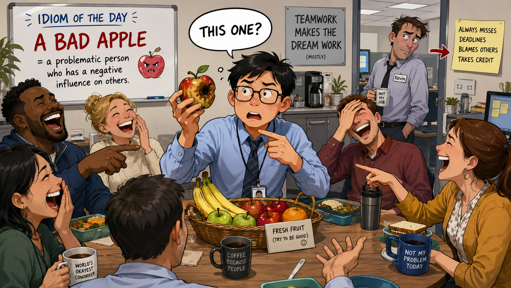 美剧学英语：加拿大办公室午餐：同事说“他是个bad apple”，我低头看了眼水果盘…… - 加拿大办公室午餐：同事说“他是个bad apple”，我低头看了眼水果盘……