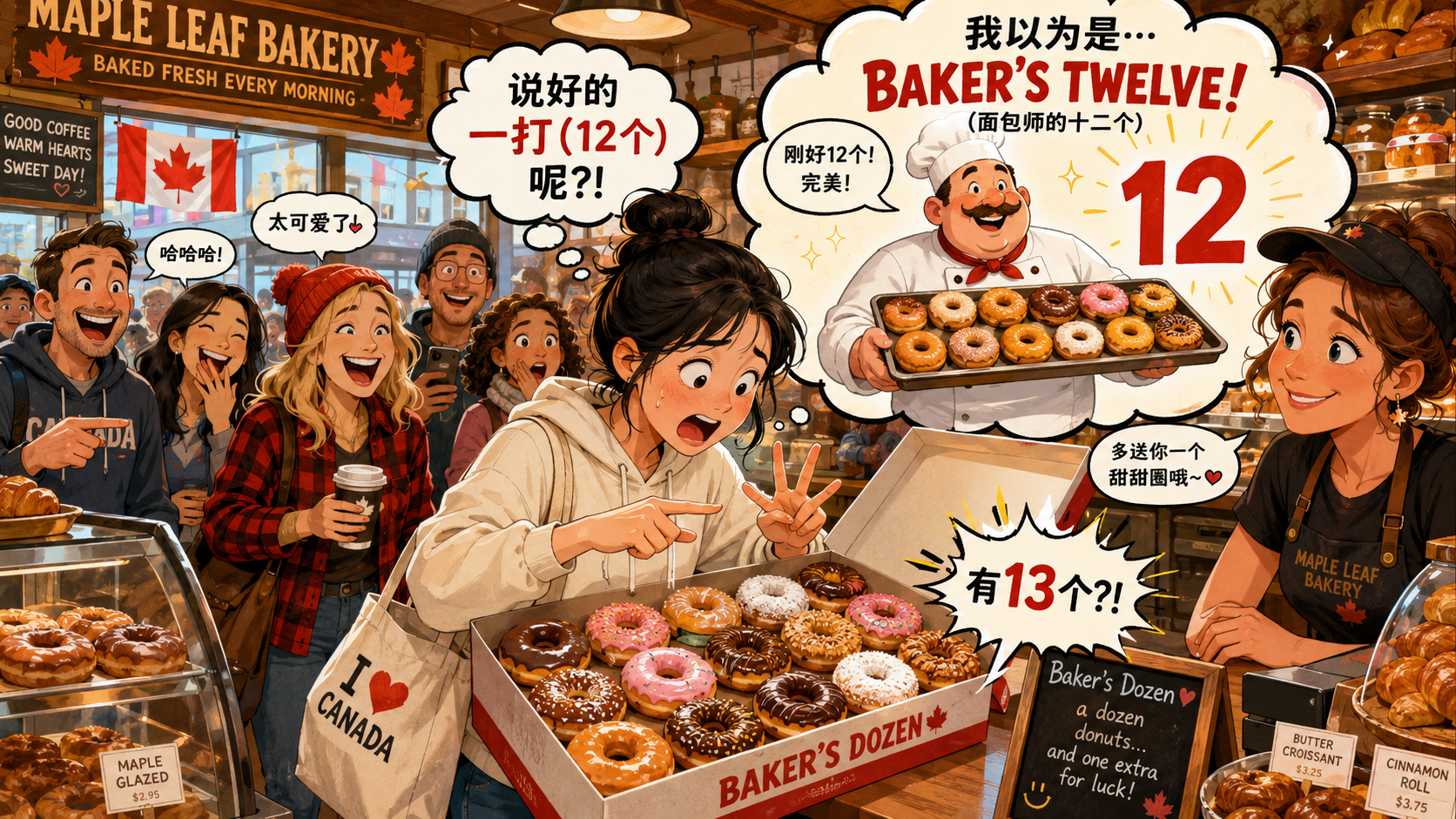 美剧学英语:加拿大面包店买早餐:店员说“baker’s dozen”,我当场数了三遍,怎么多了一个? - 加拿大面包店买早餐:店员说“baker’s dozen”,我当场数了三遍,怎么多了一个?