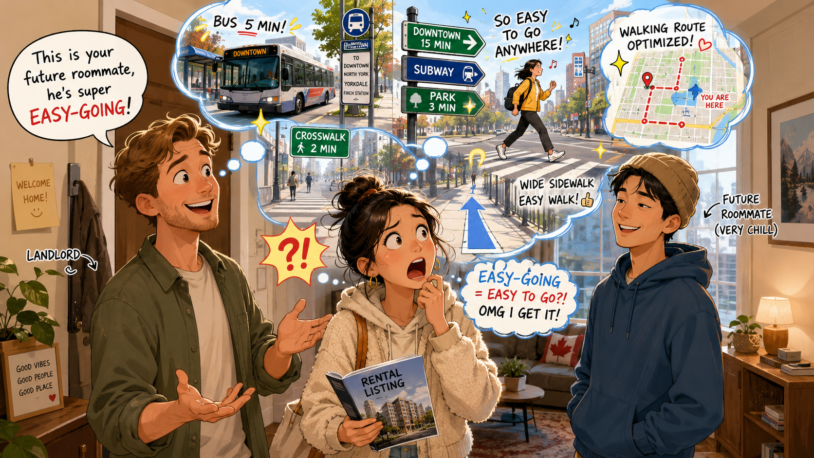美剧学英语:加拿大租房看房,房东说室友“easy-going”,我居然开始研究哪条路最好走…… - 加拿大租房看房,房东说室友“easy-going”,我居然开始研究哪条路最好走……