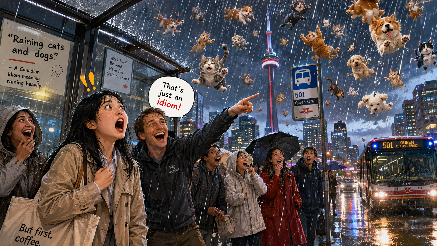 美剧学英语：加拿大公交站同事说“raining cats and dogs”，我真的抬头找猫了…… - 加拿大公交站同事说“raining cats and dogs”，我真的抬头找猫了……