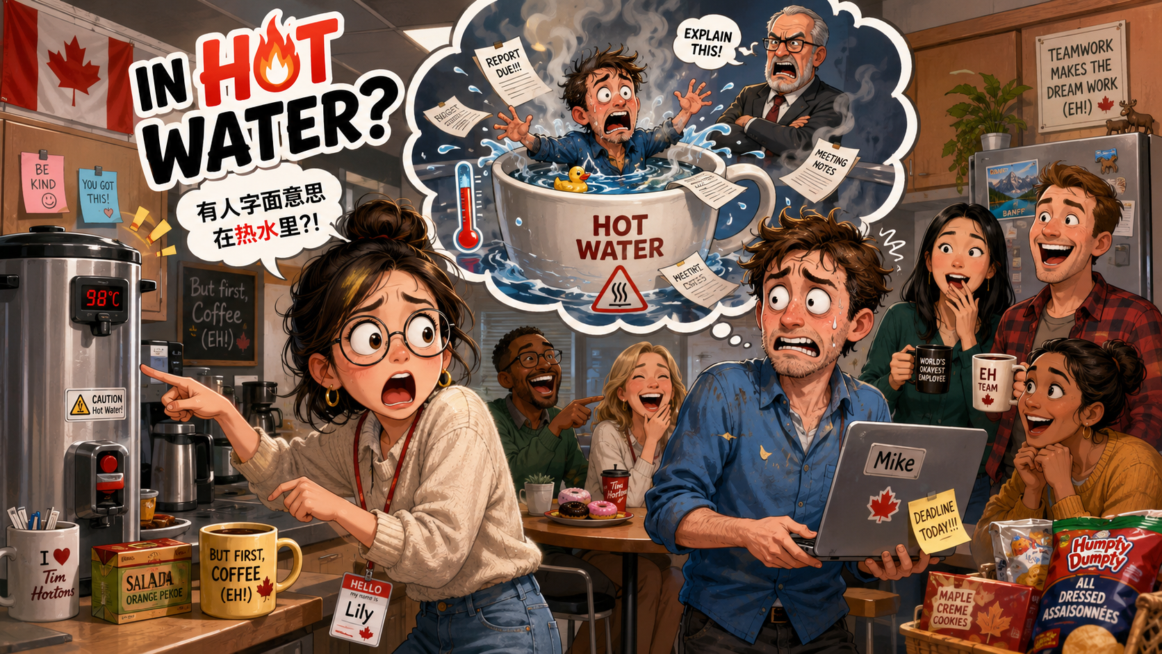 美剧学英语：加拿大办公室同事说“I’m in hot water”，我转身去茶水间看热水壶…… - 加拿大办公室同事说“I’m in hot water”，我转身去茶水间看热水壶……