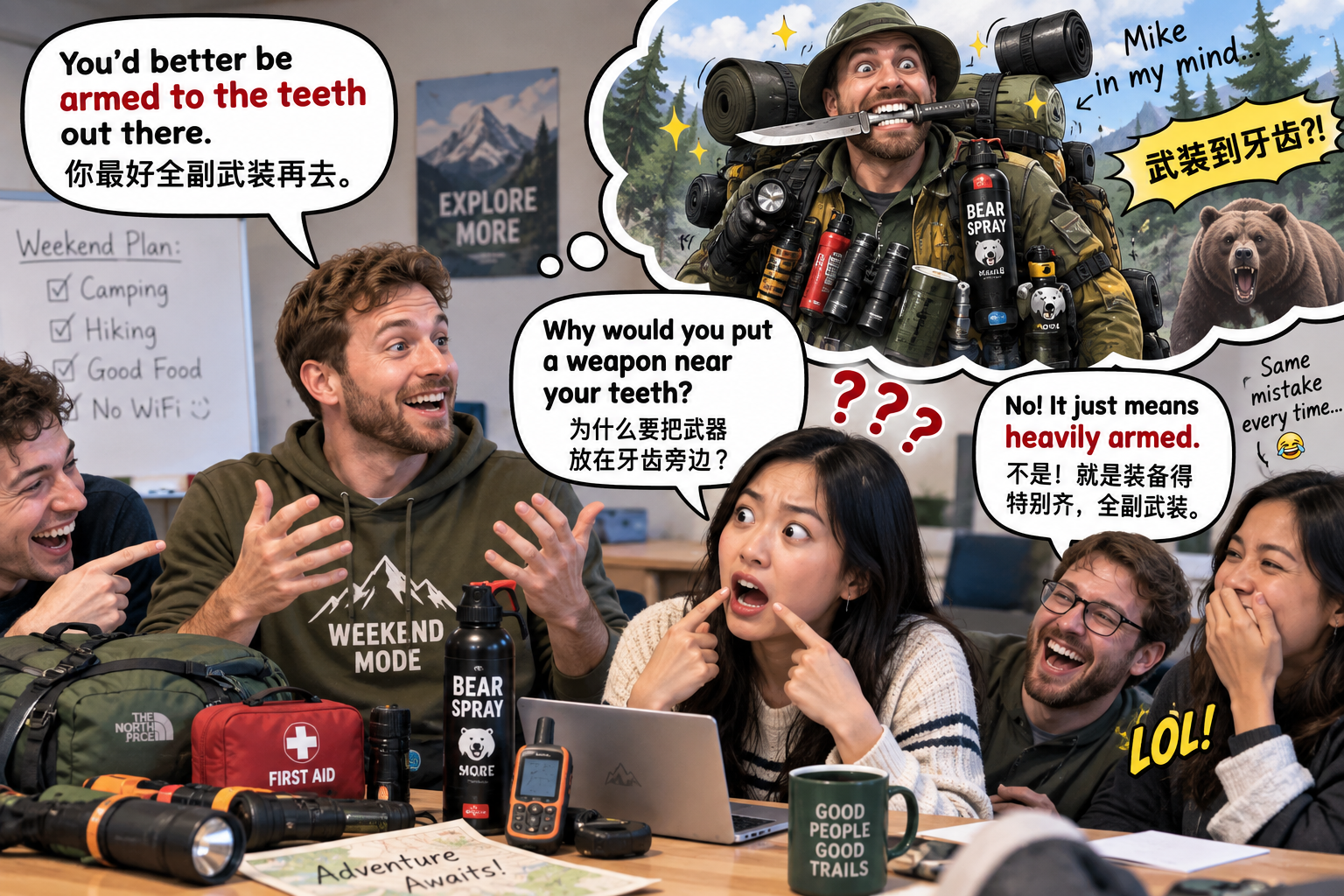 美剧学英语:加拿大办公室聊周末露营:同事说要“armed to the teeth”,我忍不住看了看他的牙…… - 加拿大办公室聊周末露营:同事说要“armed to the teeth”,我忍不住看了看他的牙……