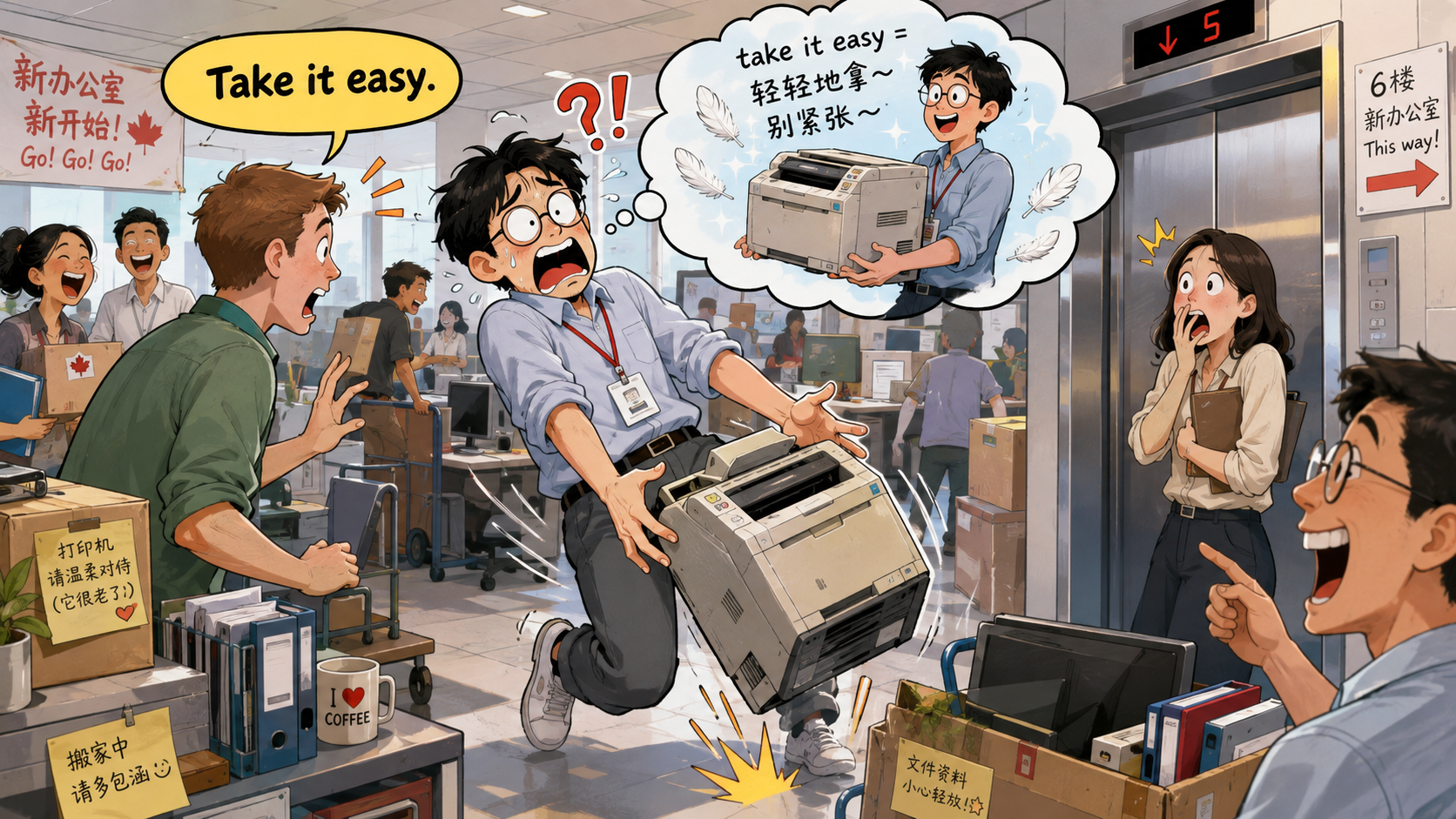 美剧学英语：加拿大办公室搬家，同事说“take it easy”，我差点把打印机扔地上…… - 加拿大办公室搬家，同事说“take it easy”，我差点把打印机扔地上……