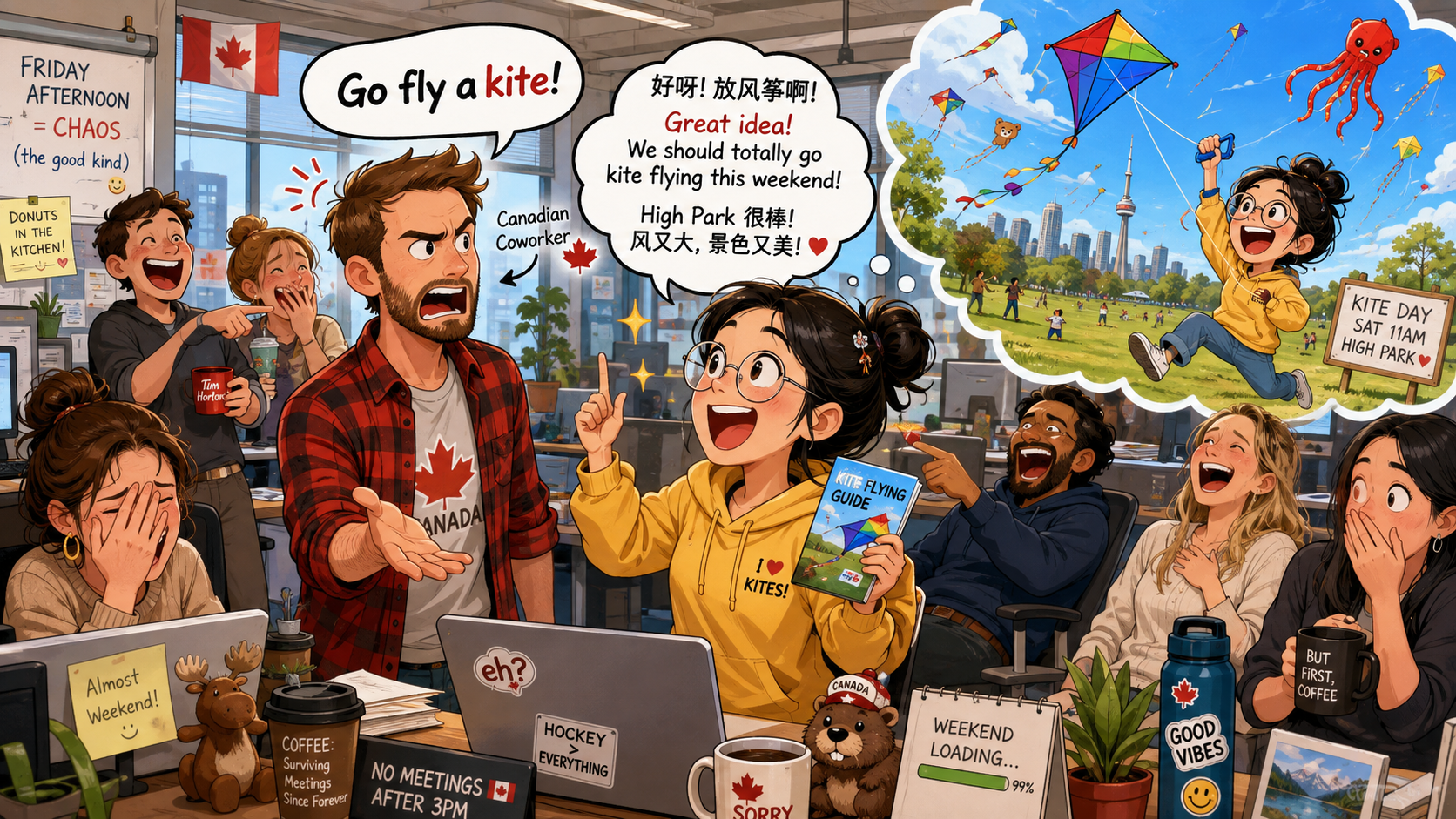 美剧学英语：加拿大办公室同事让我“go fly a kite”，我居然开始给他推荐放风筝的公园…… - 加拿大办公室同事让我“go fly a kite”，我居然开始给他推荐放风筝的公园……
