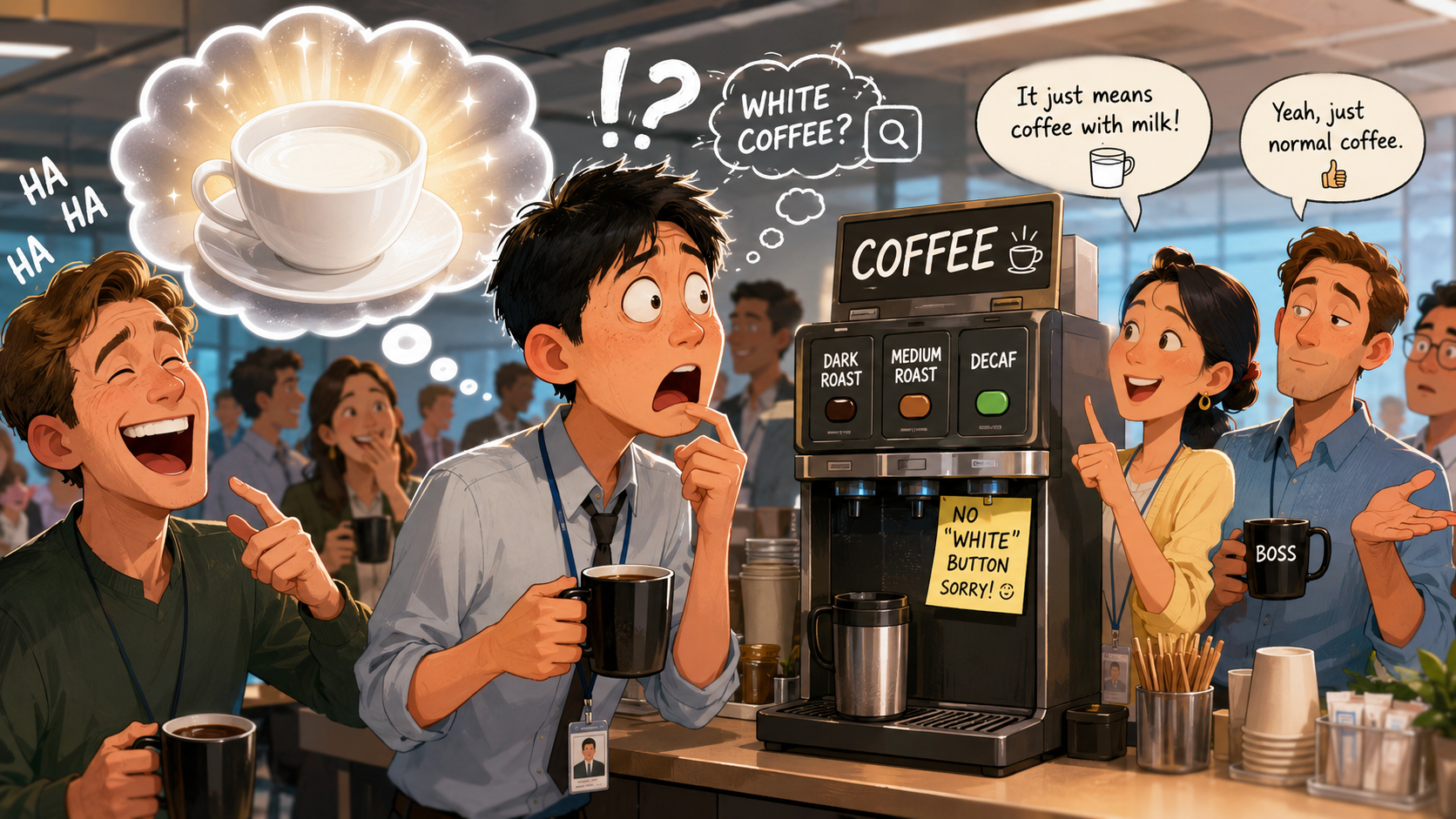 美剧学英语：加拿大办公室咖啡机前，同事说要一杯“white coffee”，我找了半天白色咖啡…… - 加拿大办公室咖啡机前，同事说要一杯“white coffee”，我找了半天白色咖啡……