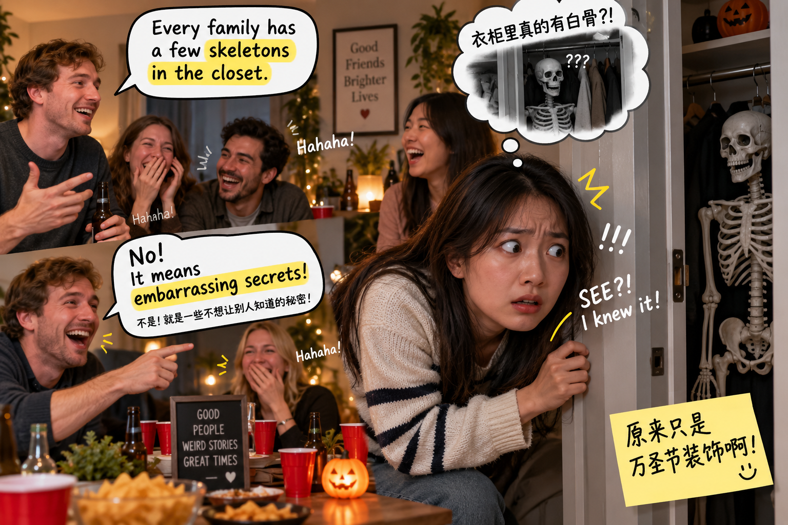 美剧学英语：加拿大朋友家聚会：他说家里有“skeletons in the closet”，我差点报警 - 加拿大朋友家聚会：他说家里有“skeletons in the closet”，我差点报警