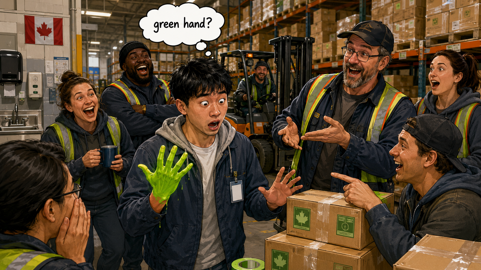 美剧学英语:加拿大仓库上班时,同事说我是“green hand”,我低头看了一眼自己的手…… - 加拿大仓库上班时,同事说我是“green hand”,我低头看了一眼自己的手……