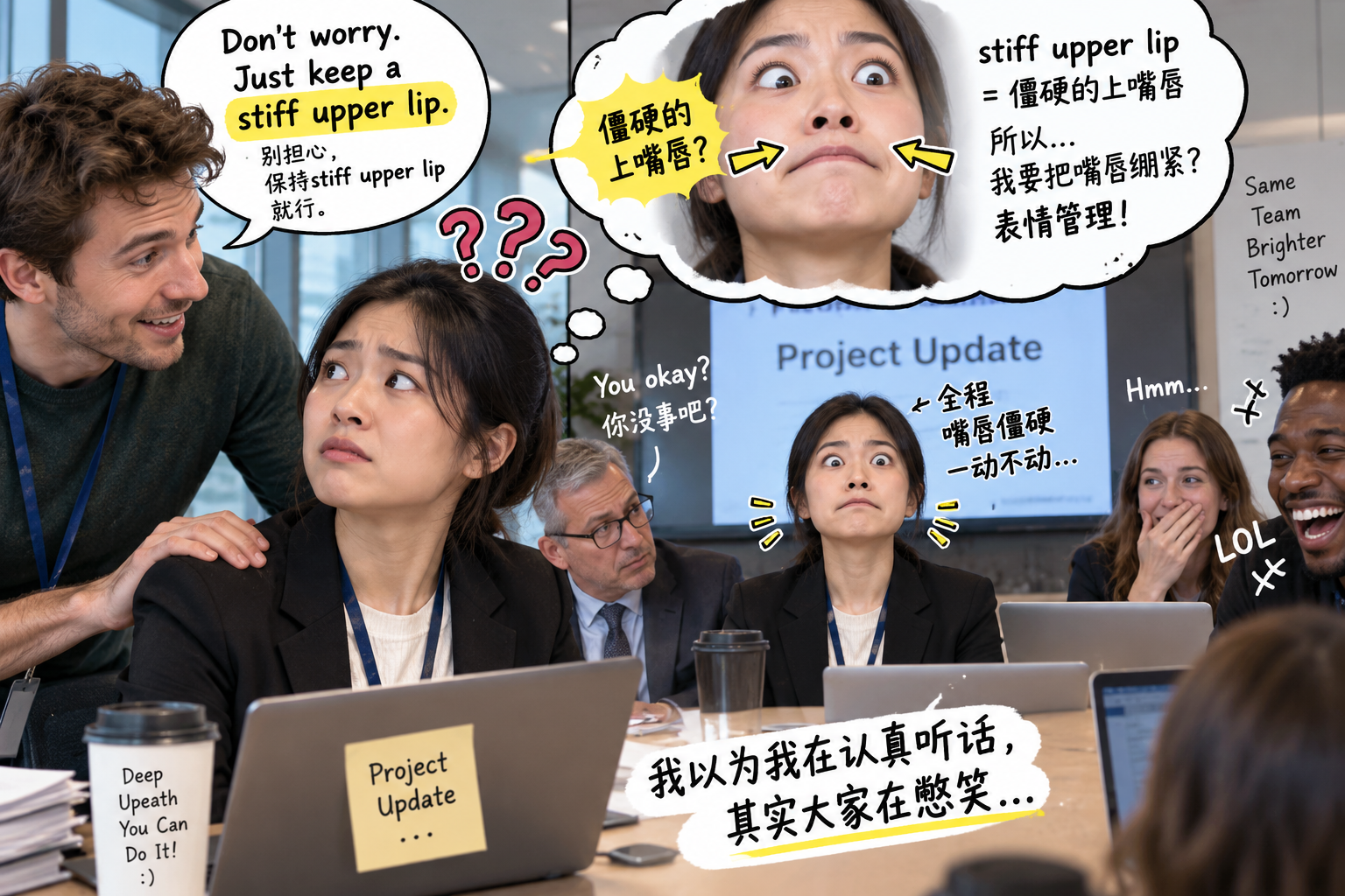美剧学英语：加拿大办公室汇报：同事让我“stiff upper lip”，我把嘴唇绷了半小时 - 加拿大办公室汇报：同事让我“stiff upper lip”，我把嘴唇绷了半小时