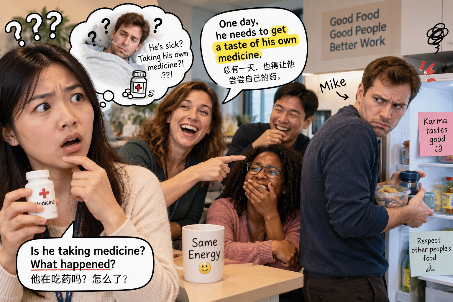 美剧学英语:加拿大办公室午休,同事说“让他尝尝自己的药”,我差点真去拿药…… - 加拿大办公室午休,同事说“让他尝尝自己的药”,我差点真去拿药……