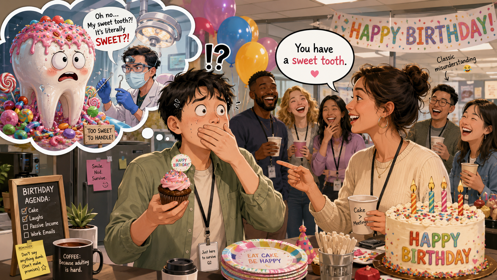 美剧学英语：加拿大办公室生日会，同事说我有“sweet tooth”，我下意识捂住了嘴…… - 加拿大办公室生日会，同事说我有“sweet tooth”，我下意识捂住了嘴……