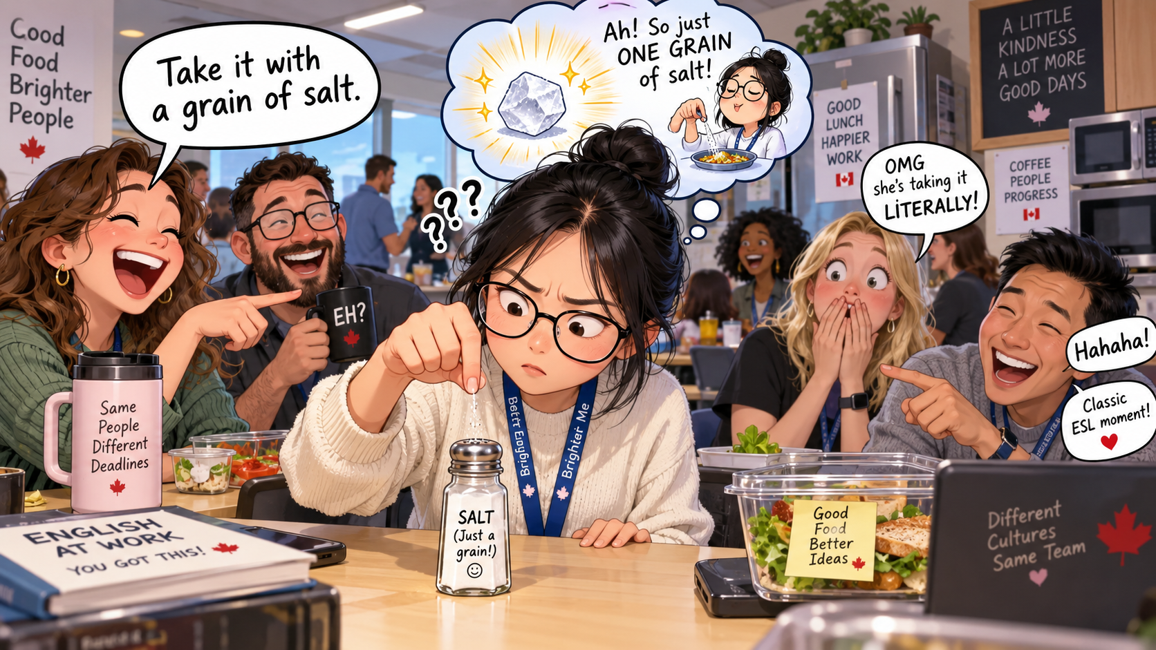 美剧学英语:加拿大办公室午休,同事让我“take it with a grain of salt”,我真的去拿盐了…… - 加拿大办公室午休,同事让我“take it with a grain of salt”,我真的去拿盐了……