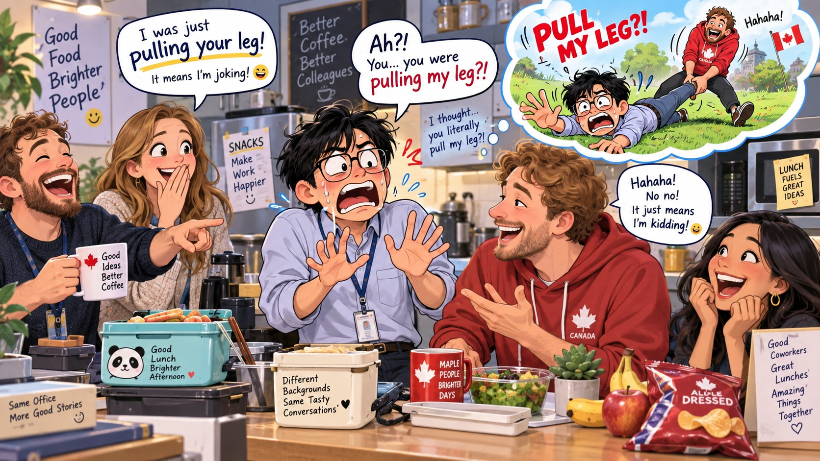 美剧学英语：加拿大办公室午休，同事突然说“Are you pulling my leg?”，我当场开始解释我没害他 - 加拿大办公室午休，同事突然说“Are you pulling my leg?”，我当场开始解释我没害他