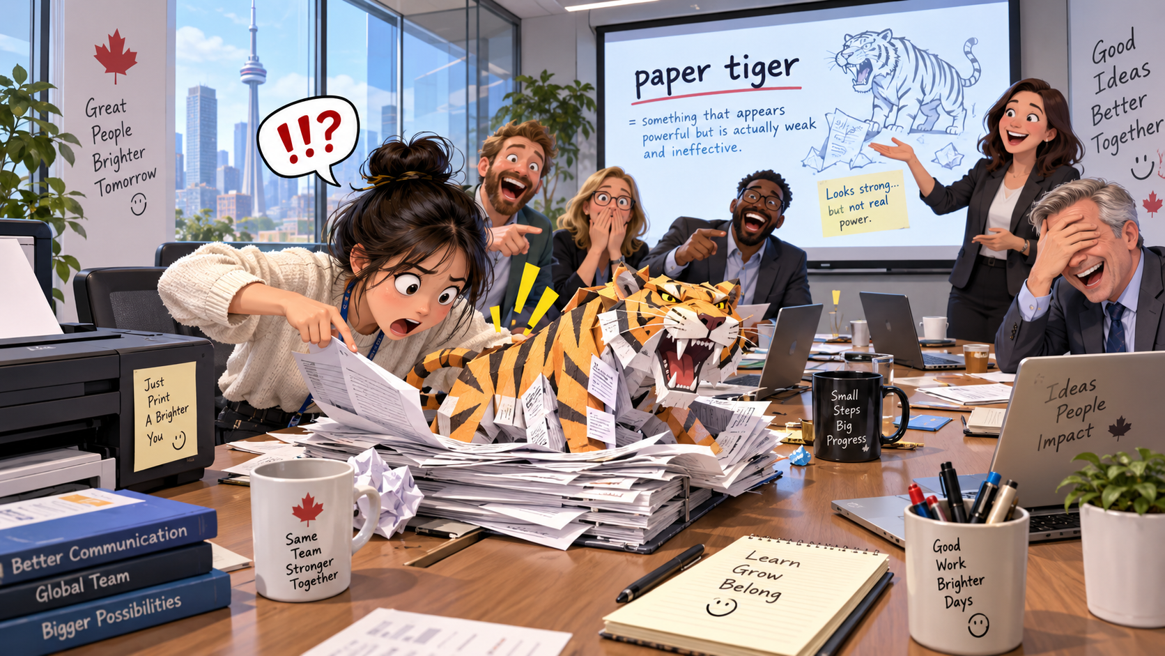 美剧学英语：加拿大办公室开会，同事说新规定是“paper tiger”，我竟然跑去找那只老虎了 - 加拿大办公室开会，同事说新规定是“paper tiger”，我竟然跑去找那只老虎了