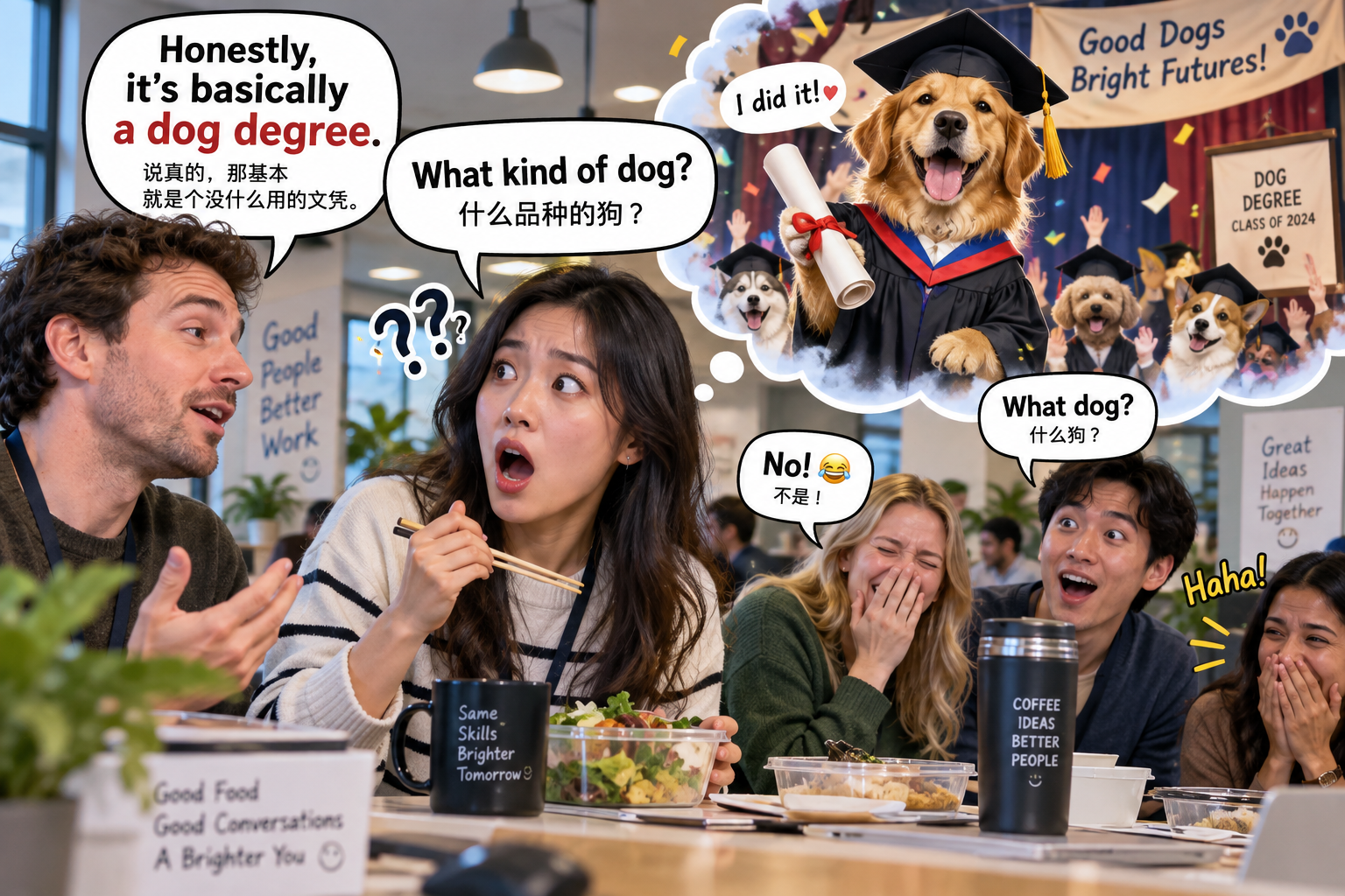 美剧学英语：加拿大办公室午餐：同事说他朋友拿了个“dog degree”，我竟然问“什么品种的狗？” - 加拿大办公室午餐：同事说他朋友拿了个“dog degree”，我竟然问“什么品种的狗？”