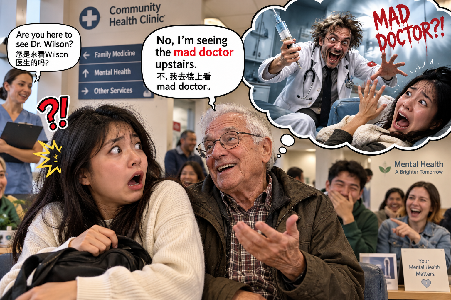 美剧学英语：加拿大诊所候诊室里，老爷爷说他要去看“mad doctor”，我默默换了个座位 - 加拿大诊所候诊室里，老爷爷说他要去看“mad doctor”，我默默换了个座位