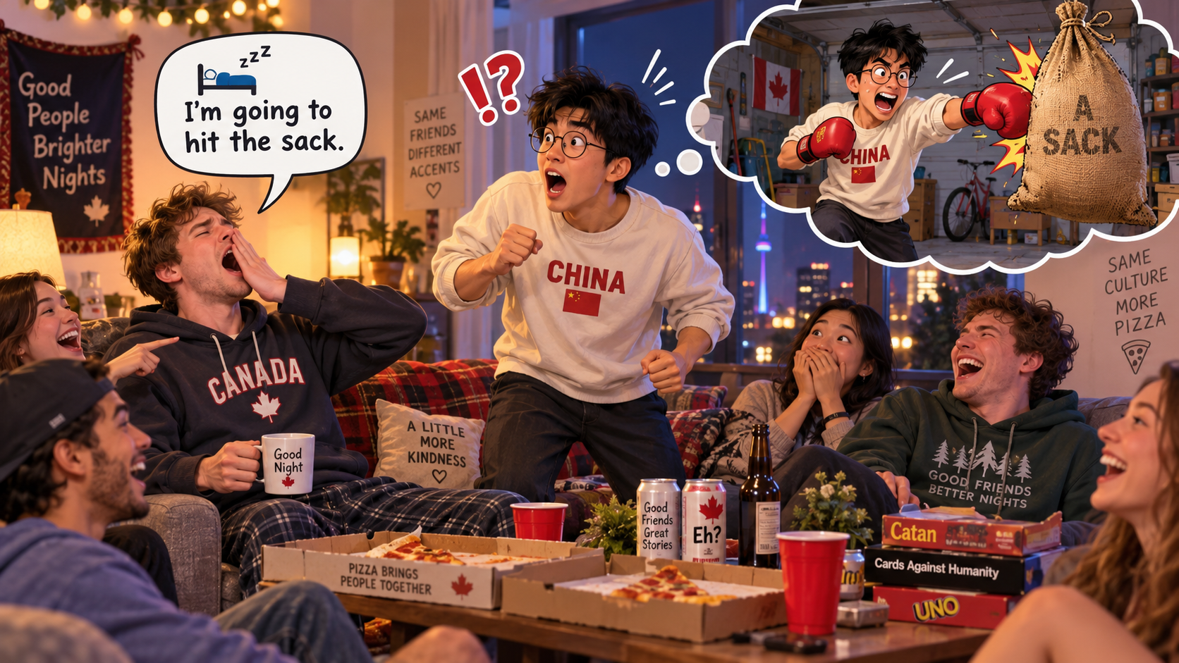 美剧学英语：加拿大朋友家聚会，他说“hit the sack”，我真去车库找麻袋了 - 加拿大朋友家聚会，他说“hit the sack”，我真去车库找麻袋了