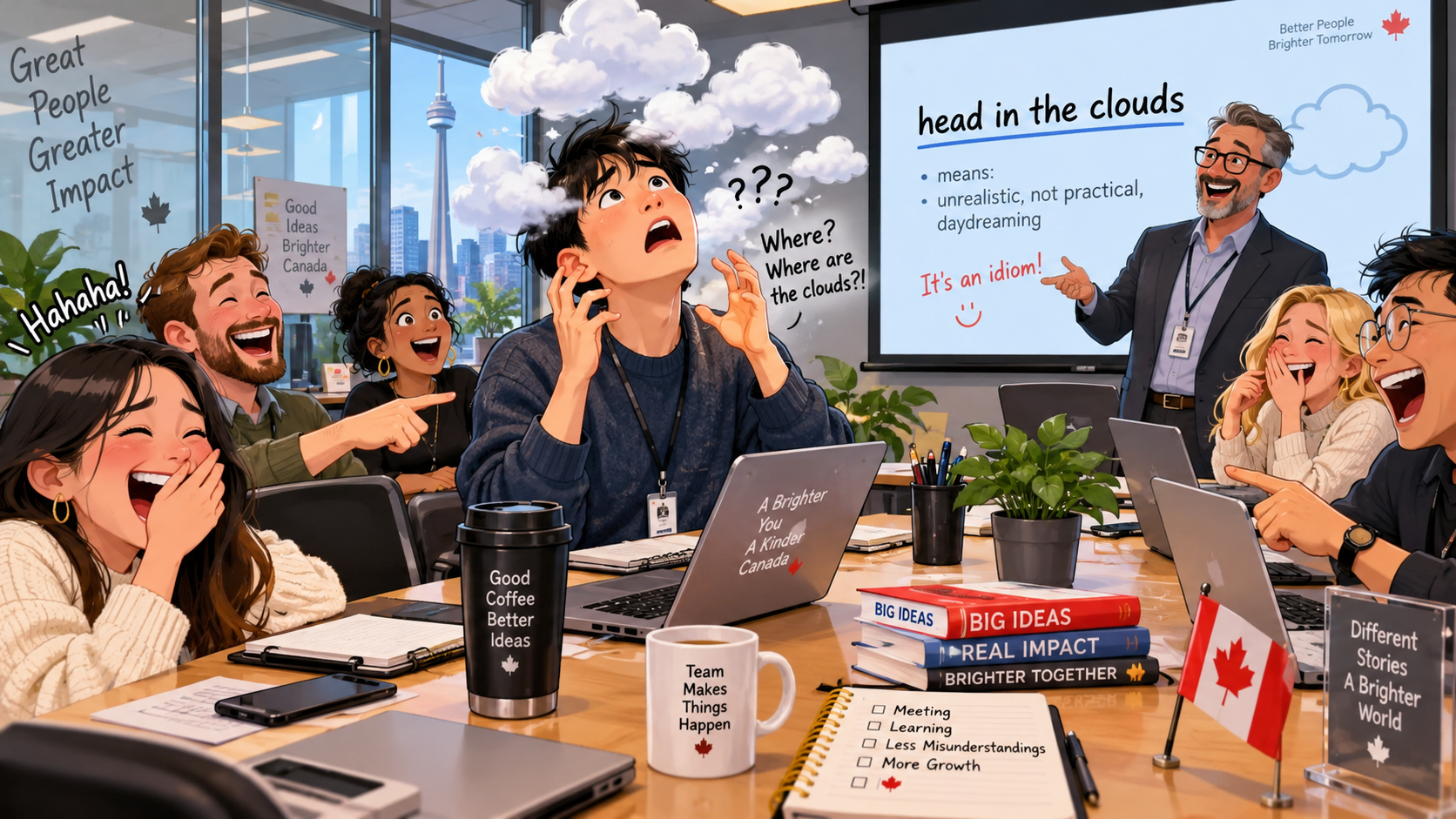 美剧学英语：加拿大办公室周会，我听到“head in the clouds”后真的抬头找云了 - 加拿大办公室周会，我听到“head in the clouds”后真的抬头找云了