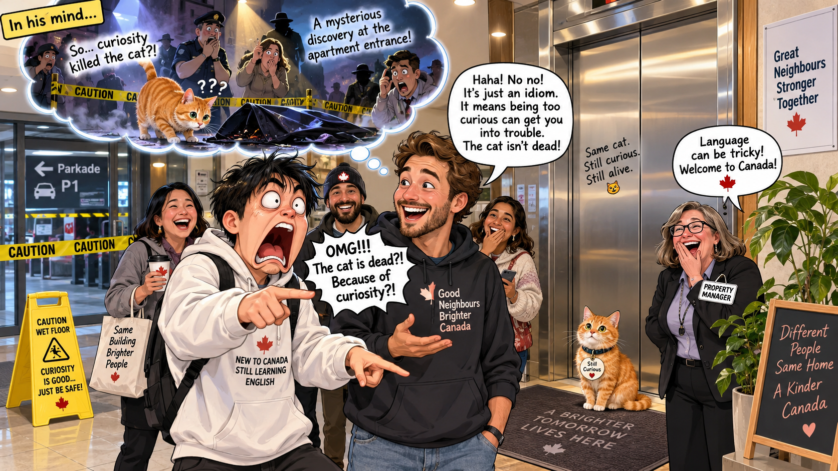 美剧学英语：加拿大公寓电梯里邻居说“Curiosity killed the cat”，我当场问：谁家的猫死了？ - 加拿大公寓电梯里邻居说“Curiosity killed the cat”，我当场问：谁家的猫死了？