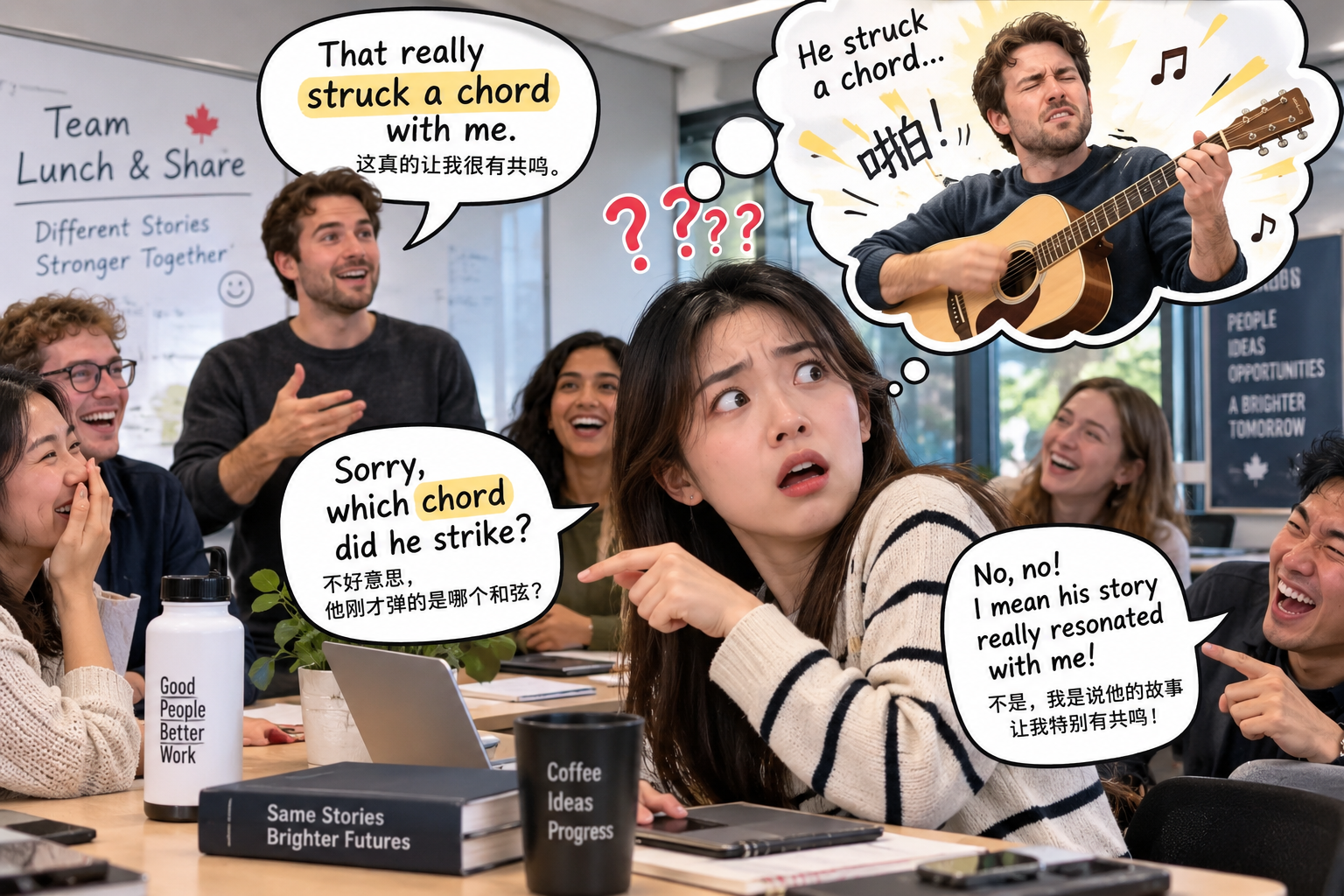 美剧学英语：strike a chord - 加拿大办公室午休分享会，同事说“struck a chord”，我下意识开始找吉他……
