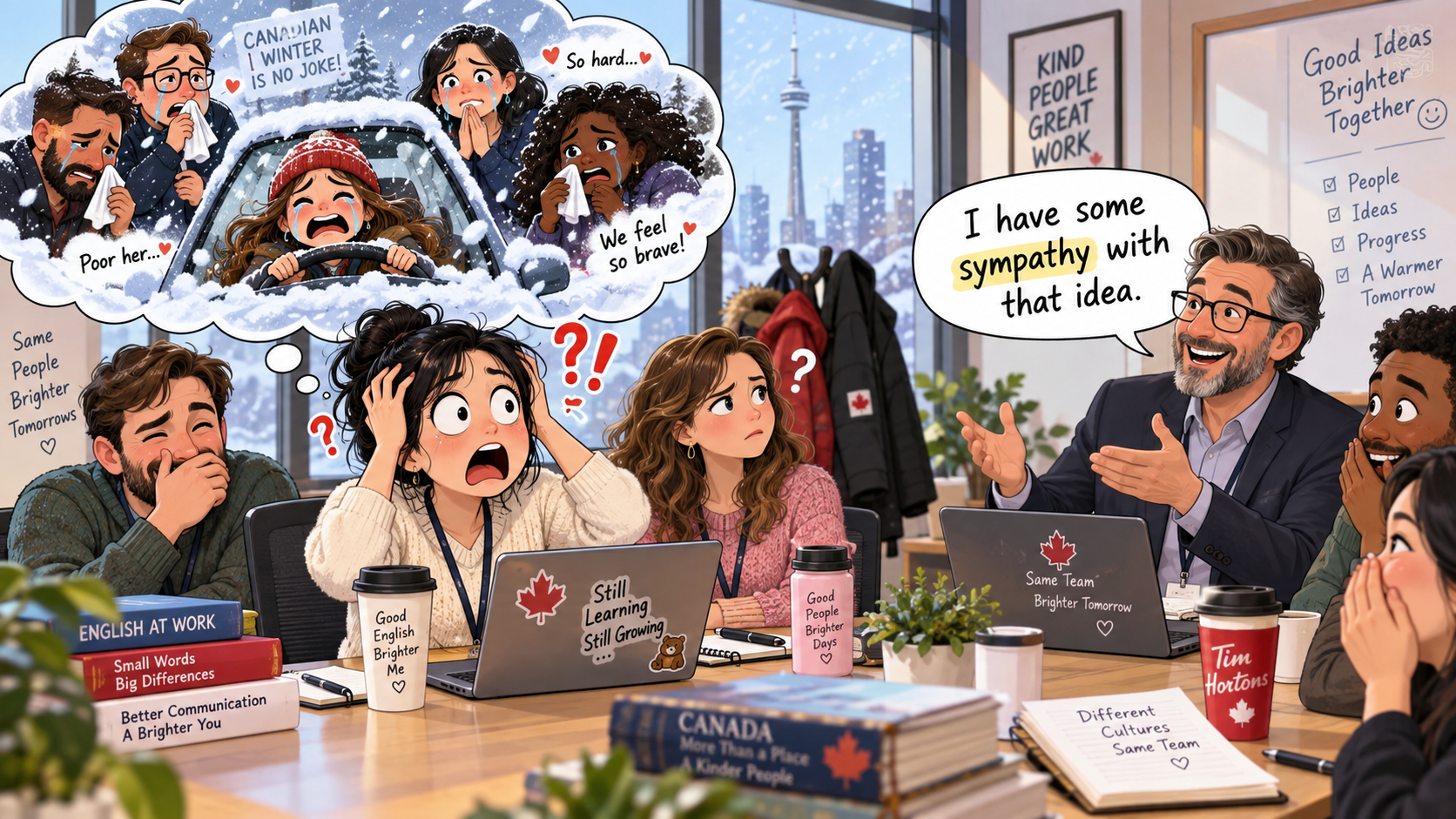 美剧学英语:sympathy - 加拿大办公室开会,老板说“I have some sympathy with that idea”,我以为他在可怜同事……
