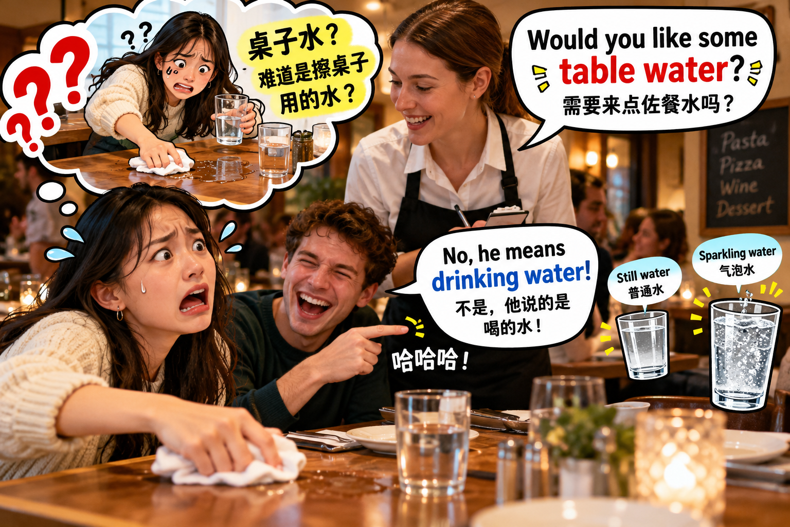 美剧说英语:table water - 加拿大餐厅吃饭,服务员说“table water”,我差点把桌子擦了……