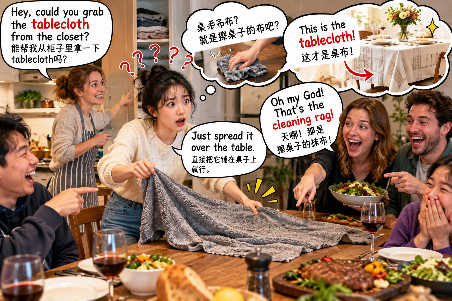 美剧说英语:tablecloth - 加拿大朋友让我拿tablecloth,我差点把擦桌子的抹布铺在餐桌上……