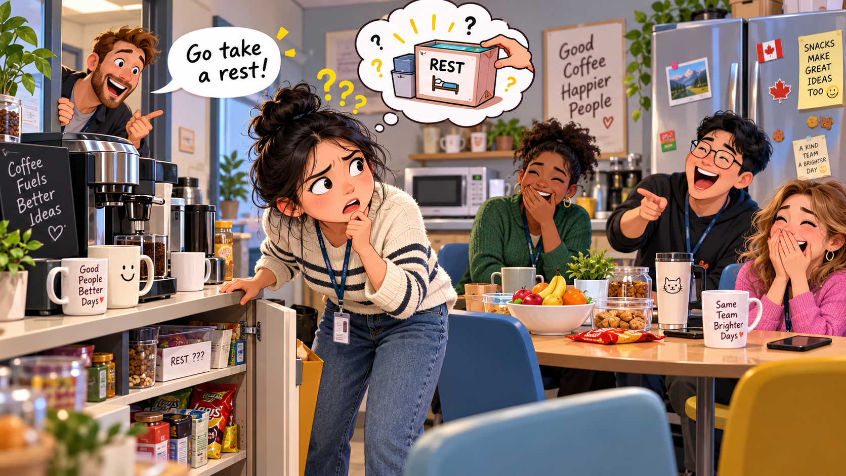 美剧学英语:take a rest - 加拿大办公室茶水间,同事让我“take a rest”,我差点去找东西拿