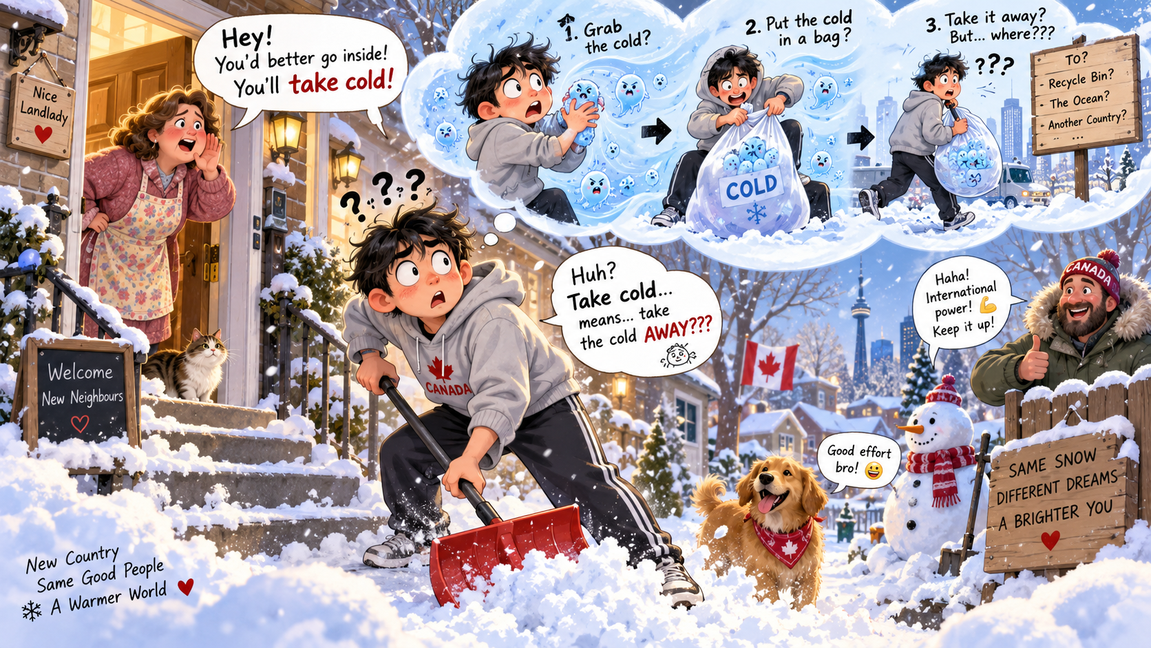 美剧学英语:take cold - 加拿大铲雪时房东说“take cold”,我低头看了看手:冷要拿去哪?