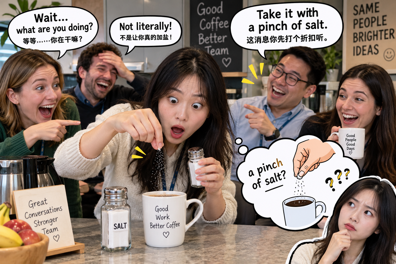 美剧学英语:take it with a pinch of salt - 加拿大办公室茶水间:同事让我“take it with a pinch of salt”,我真的去拿盐了