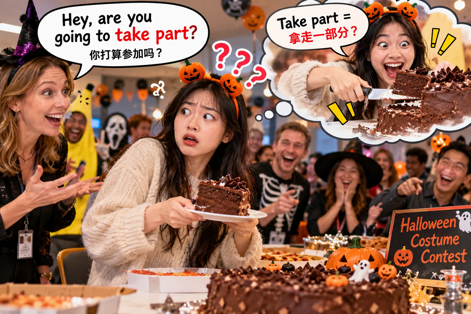 美剧说英语:take part - 加拿大公司聚餐,同事让我“take part”,我差点把蛋糕拿走一半……