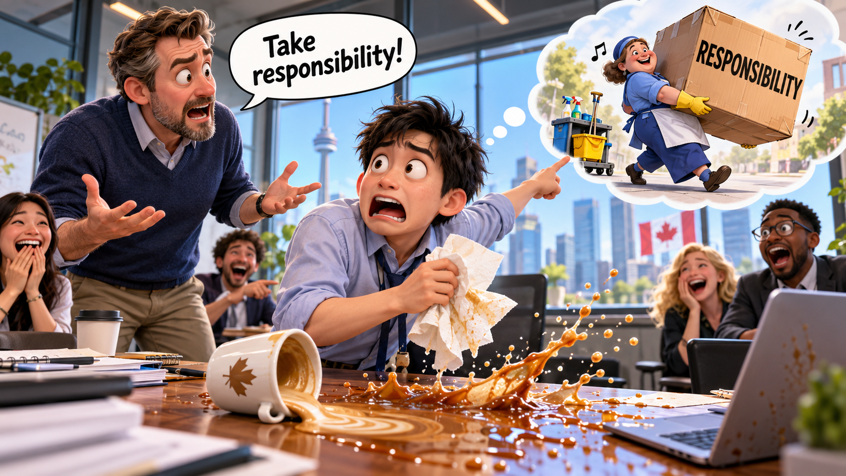 美剧说英语:take responsibility - 加拿大办公室咖啡洒了,经理说“take responsibility”,我差点把责任推给保洁……