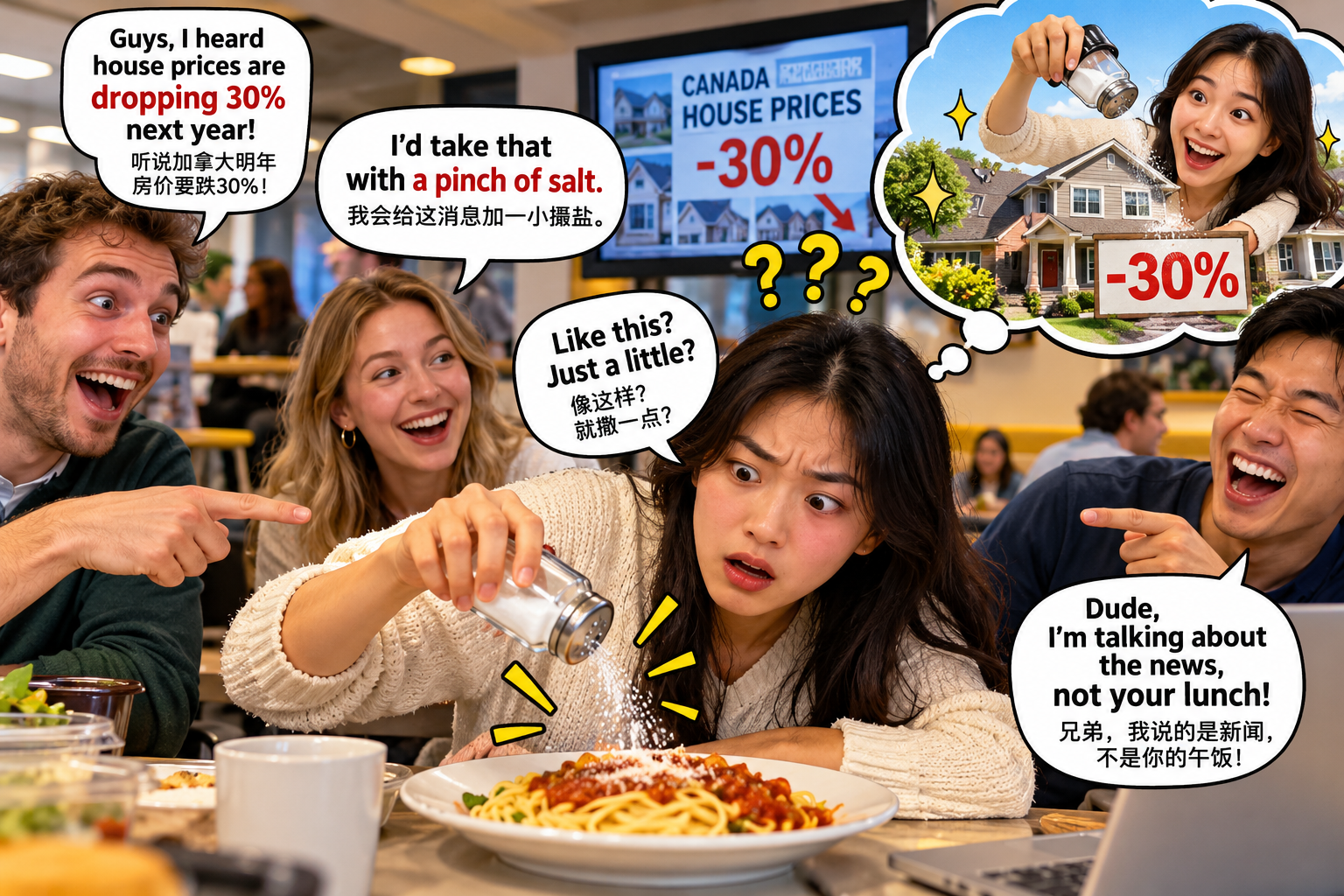 美剧说英语:take something with a pinch of salt - 加拿大同事让我买房消息“加一撮盐”,我差点把午饭毁了……