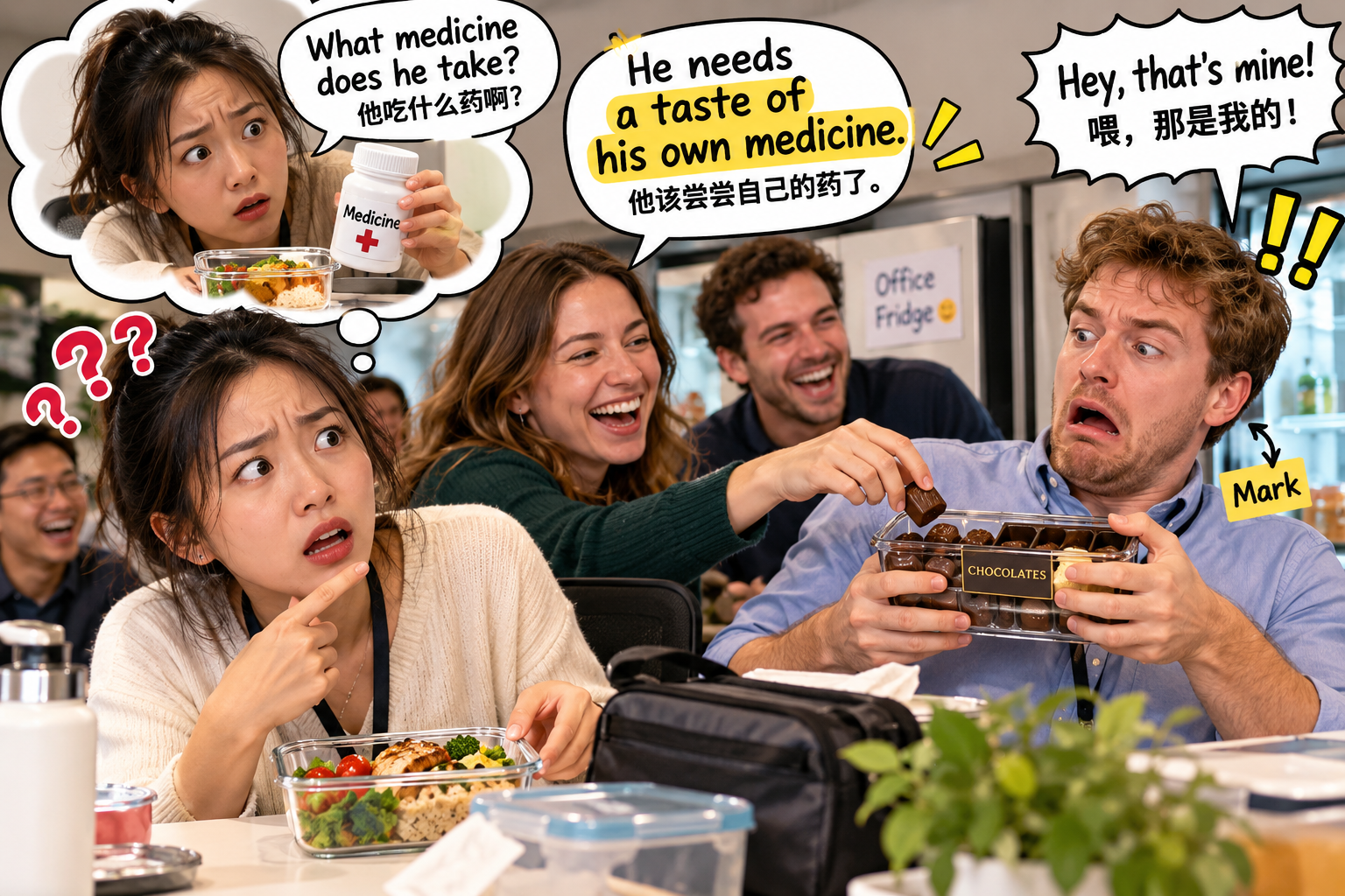 美剧学英语:taste of one's own medicine - 加拿大办公室午餐时,同事说让我“尝尝自己的药”,我差点问他药在哪