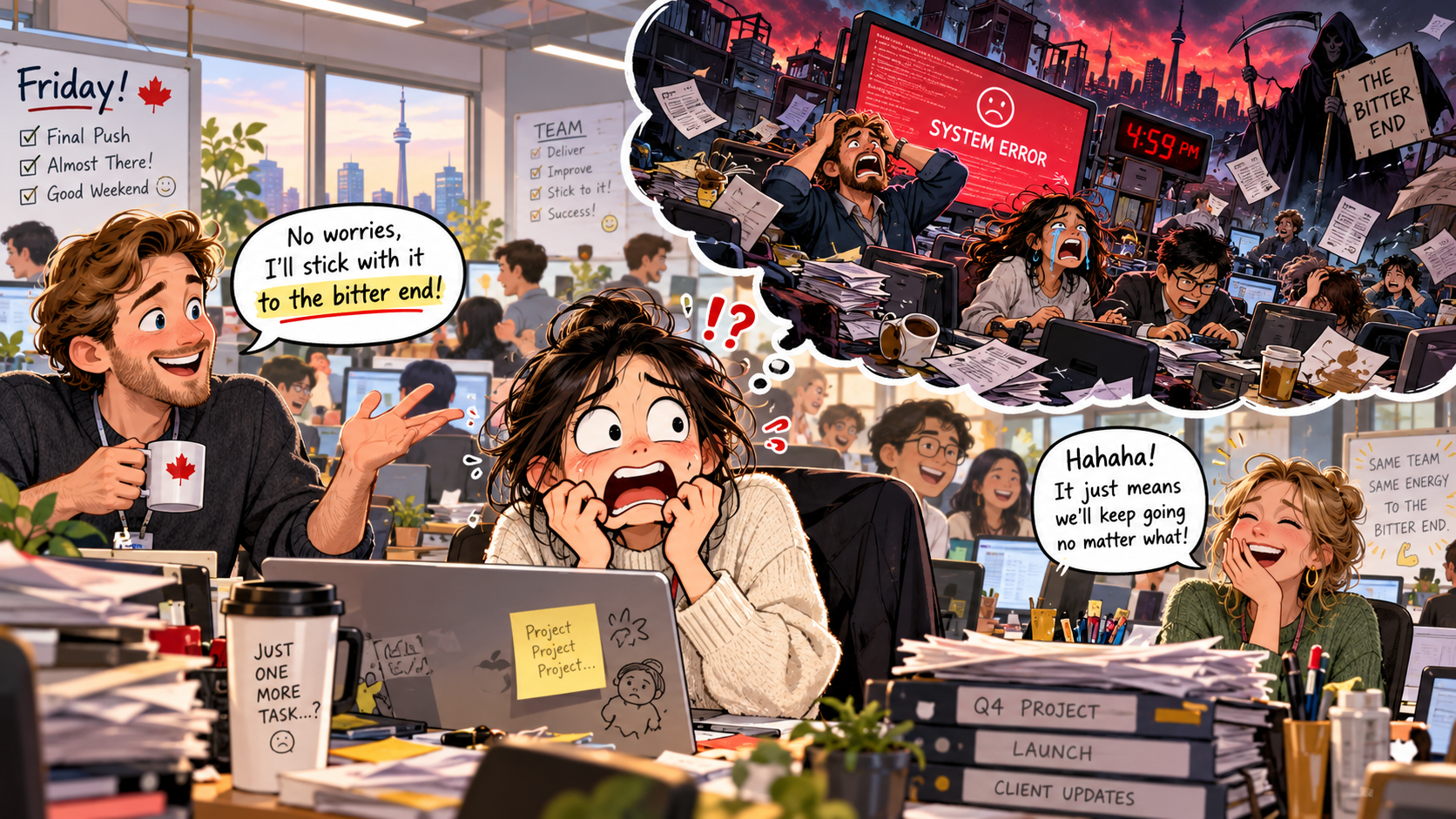 美剧说英语：the bitter end - 加拿大办公室同事说要坚持到“痛苦的结尾”，我以为项目要出大事了……